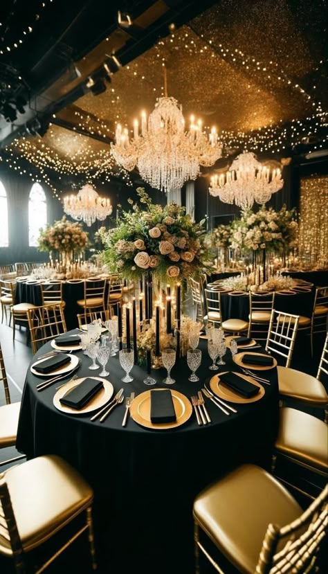 Modern Black And Gold Wedding, Black Cream Gold Wedding, Wedding Black White Gold, Wedding Decor Black And Gold, Masquerade Wedding Reception, Black White Gold Wedding Theme Decor, Black And Gold Themed Wedding, Wedding Reception Black Tablecloths, Black And Gold Reception Decor