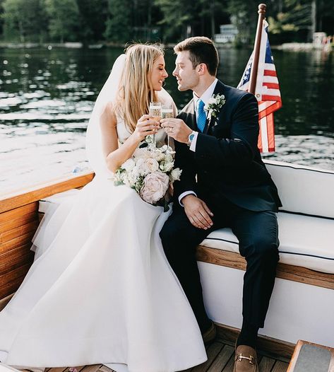 ⁠We loved working on Lauren & Zach's wedding. How much do you love this gorgeous boat toast in Maine?⁠ .⁠ Creative Partners:⁠ Lighting: @griffingriffinlighting⁠ Band: The Broadway Project Band⁠ Bride’s Dress: Suzanne Harward⁠ Bridesmaid Dresses: Jenny Yoo Collection⁠ Cake/Caterer: @migislodge⁠ Flowers: @florafaunafinds⁠ Hair: @naviinasalon⁠ Invitations: @thewriteoccasion⁠ Makeup: @christinapuzinoartistry⁠ Menswear: Macway’s Co. Ltd.⁠ Planner: @maineseasonsevents⁠ Videography: @birdandbeeweddingf Suzanne Harward, Bowline Knot, Maine Wedding Venues, Camping Knots, Bridal Party Attire, Diy Clothes Videos, Wedding Reception Locations, Maine Wedding, Chic Party