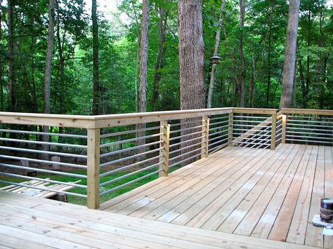 pipe for deck railing | Galvanized pipe rail | Flickr - Photo Sharing! Wood Deck Railing, Deck Building Plans, Pipe Railing, Deck Railing Ideas, Deck Railing Design, Modern Deck, Railing Ideas, Wooden Deck, Exterior Stairs