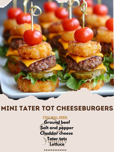 🍔🧀 Bite-sized Mini Tater Tot Cheeseburgers that are sure to be a hit! #PartyFood #Cheeseburger Mini Tater Tot Cheeseburgers Ingredients: Ground beef (1 lb) Salt and pepper (to taste) Cheddar cheese (4 slices, quartered) Tater tots (24, cooked) Lettuce (1/2 cup, shredded) Pickles (12 slices) Cherry tomatoes (6, halved) Toothpicks Instructions: Form ground beef into small patties, season with salt and pepper. Cook patties in a skillet until browned. Top each patty with a cheese quarter. Ass... Tater Tot Appetizers, Savory Cupcakes, Toothpick Appetizers, Warm Appetizers, Burger Bites, Tater Tot Recipes, Bite Size Food, Mini Appetizers, Small Appetizers