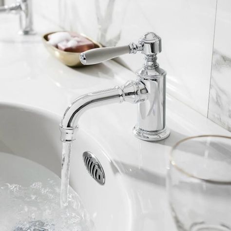 Burlington Arcade Chrome Lever Basin Mixer with Handle Choice | Sanctuary Bathrooms Modern Traditional Bathroom, Burlington Bathroom, Bathroom Sink Taps, Bath Shower Mixer Taps, Sink Mixer Taps, Chrome Bathroom, Bath Taps, Main Bathroom, Tap Handles