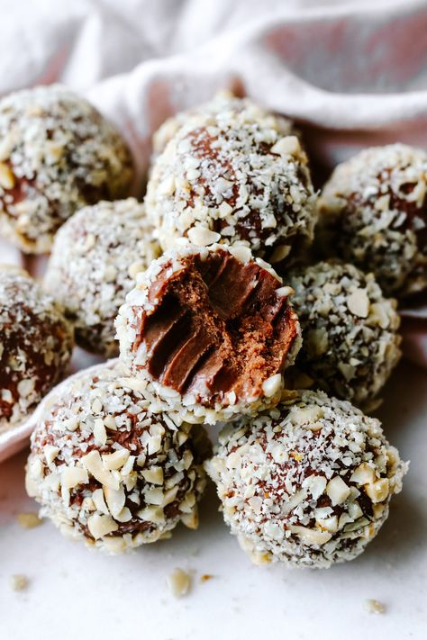 Hazelnut Praline Truffles — Grow the Grin Brazilian Truffles, Hazelnut Truffles, Healthy Nutella, Vegan Truffles, Vegan Nutella, Truffles Recipe, Hazelnut Praline, Candy Truffles, Truffle Recipe