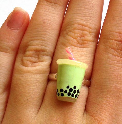 Cute Boba Cups, Bubble Tee, Fimo Ring, Tea Ring, Pearl Tea, Food Rings, Tea Jewelry, Bubble Tea Boba, Thai Tea