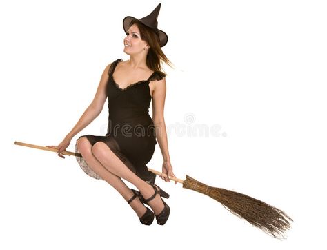 Halloween witch in black dress and hat on broom. Halloween witch blond in black #Sponsored , #Sponsored, #SPONSORED, #witch, #broom, #blond, #black Riding Broom Pose, Magic Broomstick, Witch Flying On Broom, Flying Broomstick, Witch Dress, Witch Broom, Human Poses Reference, Dress Drawing, Human Poses