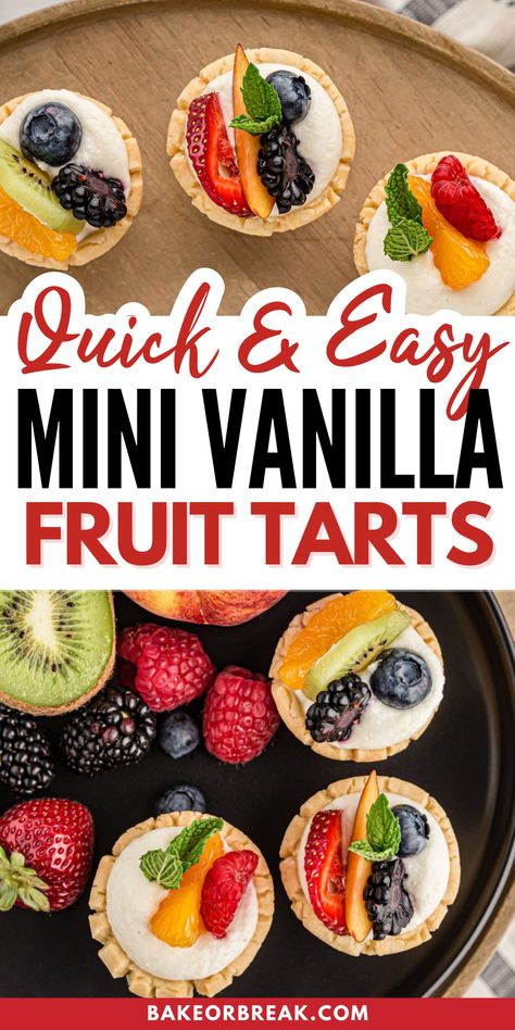 Mini Fruit Tarts are a delightful summer treat, combining a simple buttery crust with a 3-ingredient creamy mascarpone filling, and topped with a variety of fresh, seasonal fruits. These tarts are not only easy and quick to make but also create an impressive and eye-catching display, perfect for any summer party. The versatility of the recipe allows for customization with different fruits, making it adaptable to the freshest flavors of the season. Easy Fruit Desserts Simple, Easy Fruit Tart Recipe, Fruit Tarts Recipe Dessert, Mini Tarts Dessert Bite Size, Fruit Tarts, Mini Fruit Tart Recipe Easy No Bake, Mini Fruit Tart, Mini Tarts, Mini Fruit Tart Recipe Easy