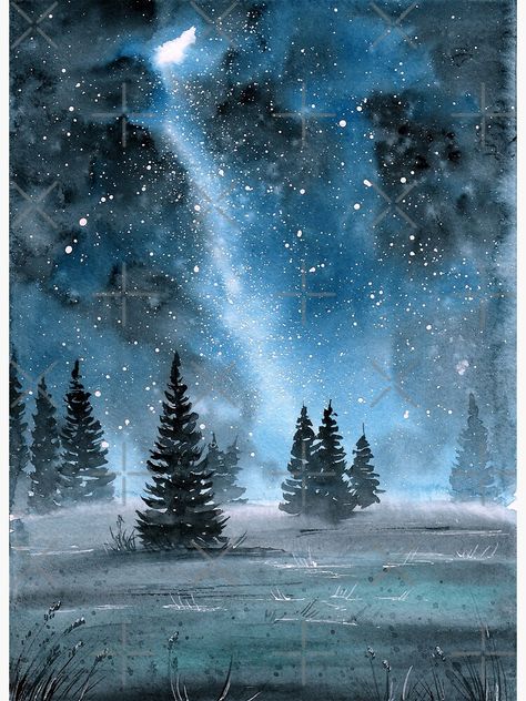 Winter Night Watercolor, Watercolor Night Sky Tutorial, Dark Watercolor Art Inspiration, Starry Night Winter, Watercolor Starry Night, Winter Landscape Art, Watercolor Night Sky, Watercolor Calendar, Night Sky Art