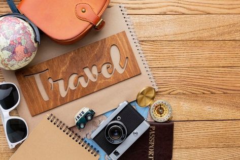 Travel items on wooden background | Free Photo #Freepik #freephoto #travel #elements #tourism #top-view Travel Cover Photos Facebook, Laptop Wallpaper Travel, Travel Template Background, Travel Aesthetic Wallpaper Laptop, Travel Cover Photo, Tourism Aesthetic, Travel Elements, Travel Background, Pc Image