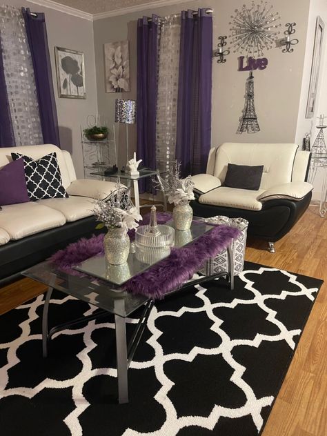 Purple Home Accents, Navy Blue Grey And Purple Living Room, Black Gold And Purple Bedroom, Black And Lavender Living Room, Blue And Purple Living Room Decor, Purple Black And Gold Living Room, Black Grey And Purple Living Room, Living Room Purple And Grey, Purple Grey And Black Bedroom