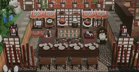 Acnh Sushi Bar Outdoor, Acnh Sushi Restaurant Designs, Ramen Bar Animal Crossing, Acnh Japanese Restaurant Outdoor, Animal Crossing Sushi Bar, Animal Crossing Sushi Restaurant, Acnh Sushi Restaurant Outdoor, Acnh Ramen Stall, Acnh Ramen Stall Design