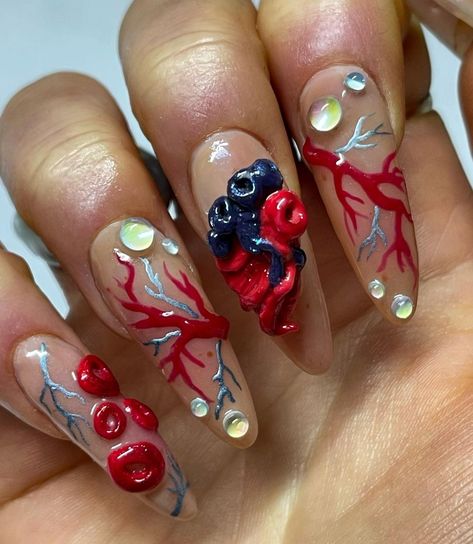 Anatomy Nail Art, Mold Nail Design, Picture Frame Nails, Vein Nails, Biology Nails, Anatomy Nails, Funky Halloween Nails, Anatomical Fashion, Cool Acrylic Nails