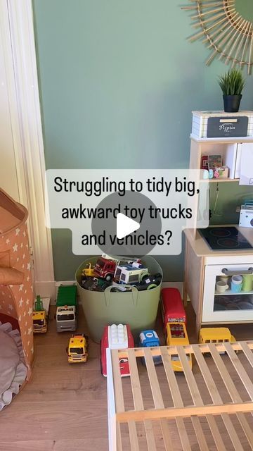 Big Toy Car Storage, Bruder Toys Storage, Big Toys Storage Ideas, Toys Storage Ideas For Small Spaces, Space Saving Toy Storage Ideas, Toy Train Storage Ideas, Big Toy Storage Ideas Playroom, Toys In Kids Bedroom, Toy Truck Storage Ideas Playroom