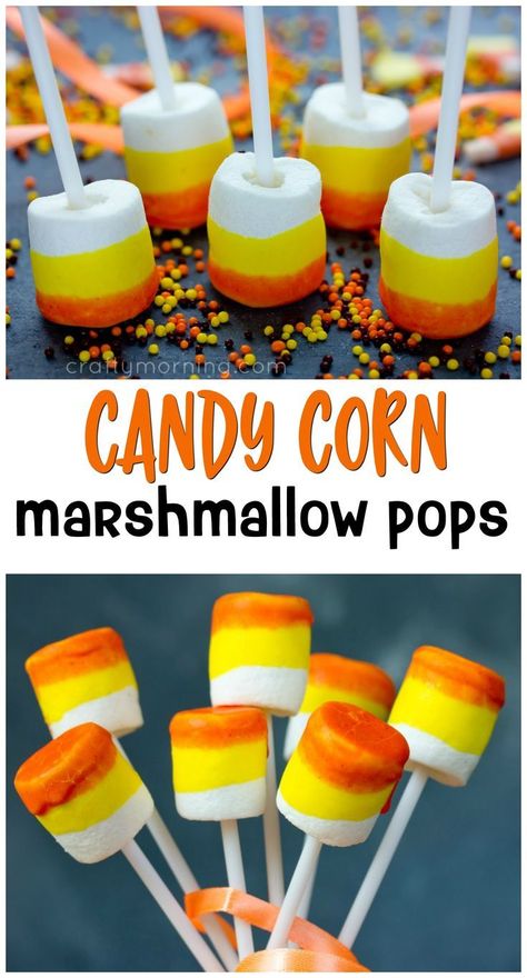 Candy corn marshmallow pops for a halloween treat dessert idea! Cute centerpiece idea too. Kids treat they will love. Marshmallow Pops Recipe, Candy Corn Recipe, Kids Cooking Party, Marshmallow Desserts, Halloween Snacks For Kids, Cute Halloween Treats, Halloween Food Appetizers, Halloween Food Treats, Marshmallow Treats