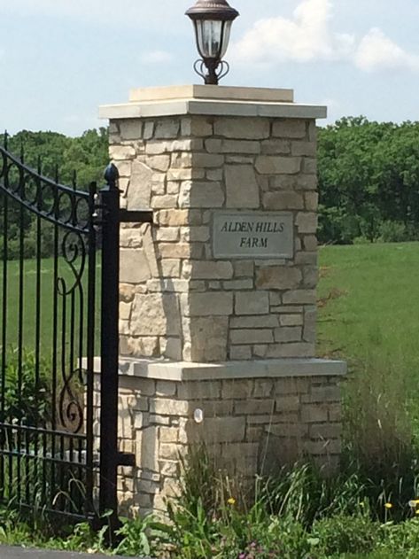 neighborhood entrance pillars - Google Search Entrance Pillars, Neighborhood Entrance, Brick Columns, Stone Street, Stone Pillars, Stone Facade, Garden Entrance, Front Landscaping, Curved Walls