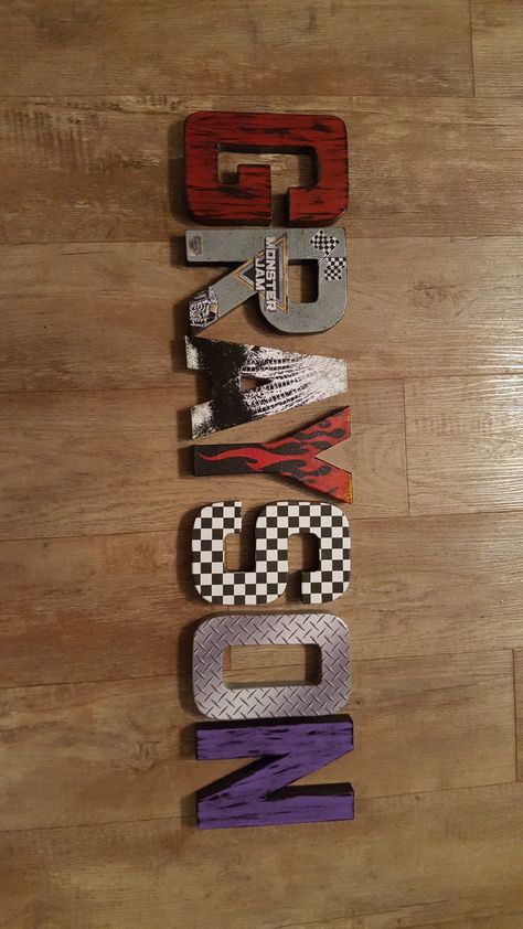 Monster jam letters Monster Truck Letters, Monster Jam Boys Bedroom, Monster Jam Room Decor, Monster Truck Shelves, Monster Truck Bedroom Ideas Boy Rooms, Boys Monster Truck Bedroom, Monster Jam Room Ideas, Monster Truck Kids Room, Monster Jam Bedroom Ideas