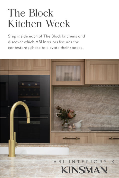 The Block Kitchens, The Block Kitchen, Abi Interiors, 2024 Kitchen, Orange Tiles, Yellow Tile, Townhouse Designs, Beige Tile, Concrete Basin