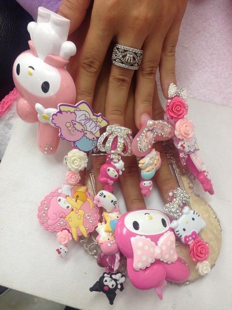 Hello Melody, Gyaru Nails, Junk Nails, Crazy Nail Art, Womp Womp, Prettiest Girl, Aesthetic Nails, Y2k Nails, Exotic Nails