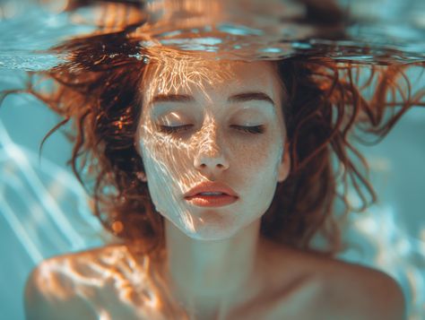 Serenity Beneath the Surface: A Tranquil Underwater Portrait Ocean Scenes Photography, Face Submerged In Water, Curly Hair Underwater, Person Underwater Reference, Underwater Person, Pose In Water, Person In Water, Person Underwater, People Underwater