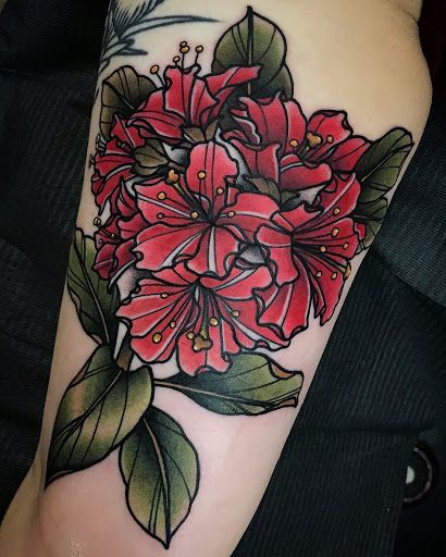 Rhododendron Tattoo, Traditional Tattoo Reference, Rhododendron Flower, State Tattoos, Traditional Style Tattoo, Elements Tattoo, Beautiful Flower Tattoos, Floral Tattoo Design, Classic Tattoo