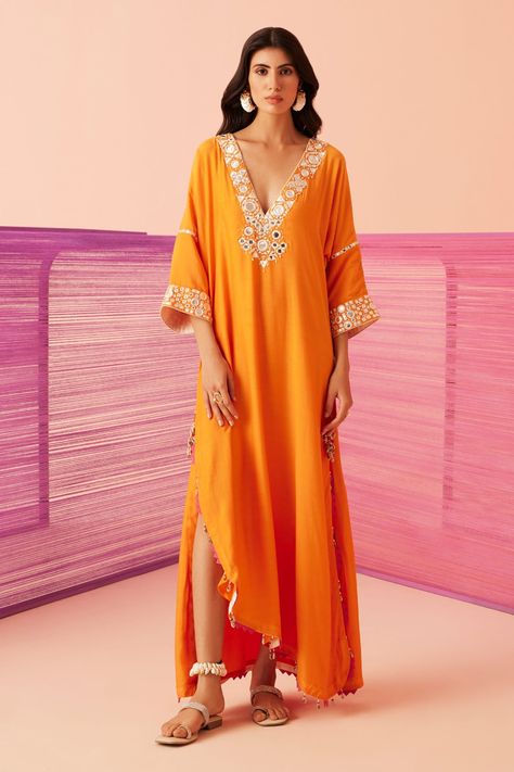 Shop for these amazing collections of Orange Muslin Embroidered Mirror And Resham Work Oblivion Yoke Kaftan For Women by Sureena Chowdhri online at Aza Fashions. Muslin Kaftan, Latest Kaftan Styles, Kaftan Dress Modern, Draped Lehenga, Sureena Chowdhri, Indo Western Outfits For Women, Drape Lehenga, Lehenga With Blouse, Kaftan Pattern