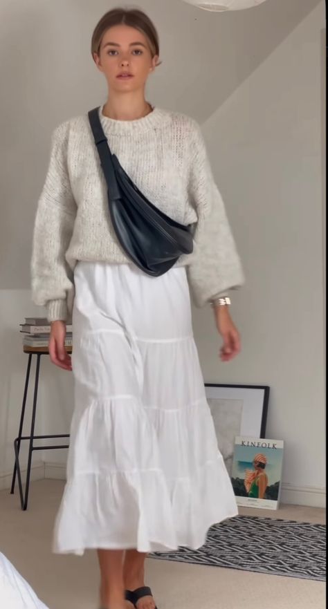 White Skirt Easter Outfit, Cropped Cardigan And Skirt Outfit, White Skirt Sneakers Outfit, Tiered Skirt Outfit Fall, Midi White Skirt Outfit Summer, Long White Linen Skirt, Trendy Long Skirt Outfits, Long Skirt For Fall, Fall Outfit White Skirt