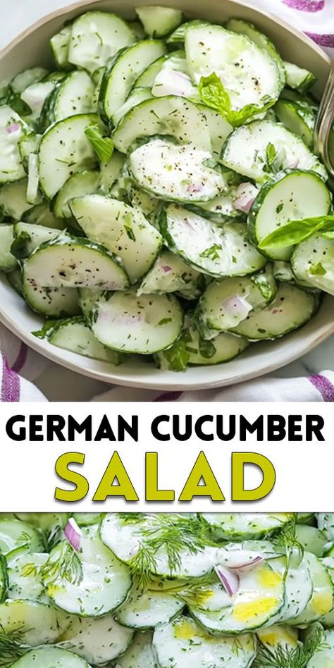 German Cucumber Salad Ingredients: 2 large cucumbers, thinly sliced 1/4 cup white vinegar 1 tablespoon sugar 1/2 teaspoon salt 1/4 teaspoon black pepper 2 tablespoons fresh dill, chopped (optional) 1 small onion, thinly sliced (optional) 1/4 cup sour cream (optional for a creamy version) #salad #cucumber #easyrecipes Cucumbers And Sour Cream Vinegar, Cucumber Salad White Vinegar, Cucumber Salad Recipes Vinegar, Cucmber Salad, Cucumber Slaw, Cucumber Salad Recipes, Low Fat Salads, Cucumber Onion Salad, Cucumber Salad Vinegar