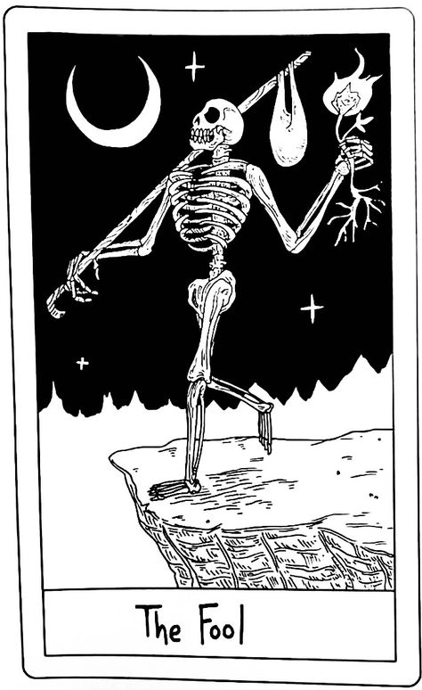 Skeleton Tarot Tattoo, Fools Tarot Card Tattoo, The Fool Skeleton Tarot, Skeleton Card Tattoo, Skull Tarot Card Tattoo, Skeleton Tarot Card Tattoo, Tarot Cards Tattoo Design, Fool Tattoo Tarot, Tarot Cards The Fool Art