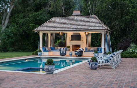 Pool Cabana Ideas, Luxury Pool House, Cabana Ideas, Backyard Cabana, Georgiana Design, Pool Gazebo, Pool Cabanas, Pool Pavilion, Pool Shed