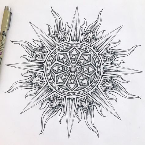 🌞 Finished up my Sun Mandala last night! Didn't get around to posting it until now because it was so late when I finished, but here it is!… Sun Mandala Art, Sun Moon Mandala Tattoo, Sun Art Tattoo, Sun And Moon Mandala Drawing, Cool Sun Tattoos, Sun Art Drawing, Sun Mandala Tattoo, Sun Drawing Design, Sun Mandala Design