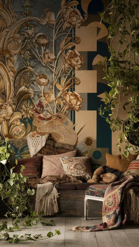 Step into a captivating bohemian interior featuring Art Nouveau floral wallpaper and Bauhaus-inspired geometric shapes. This inviting space blends earth and jewel tones, with whimsical paisley and tribal motifs. Woven fabrics and distressed wood add character, while cascading indoor plants create a serene atmosphere. Discover the perfect harmony of creativity and nature in this inspiring design! #BohemianStyle #InteriorDesign #HomeDecor Bauhaus Inspired, Art Nouveau Floral, Bohemian Interior, Woven Fabrics, Ethnic Print, Eclectic Interior, Perfect Harmony, Distressed Wood, How To Distress Wood