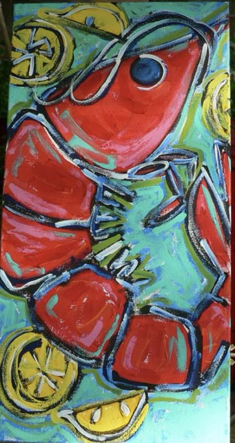 Painting Ideas On Canvas Beach Theme, Crawfish Drawing, Crawfish Painting, Swamp Paintings, Shrimp Painting, Lobster Painting, Seafood Art, Crab Painting, Driftwood Art Diy