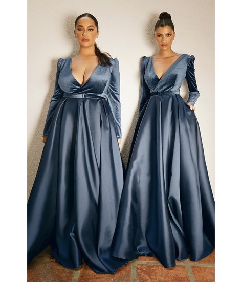 Retro & Vintage Plus Size Smokey Blue Long Sleeve Bridesmaid Gown | Unique VintageÊ Plus Size Ball Dresses, Black Tie Optional Dress, Long Sleeve Velvet Gown, Plus Size Evening Wear, Velvet Ball Gown, Tailored Outfits, Ready To Wear Dress, Winter Wedding Gowns, Special Ocassion Dresses