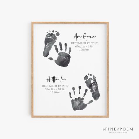 "At Pine & Poem will sell custom home decor, nursery art, and gifts, using the footprints, handprints, and ultrasound photo files that our customers provide to us. Current turnaround times can be found in our shop announcement. All personalized products require proof approval prior to shipping. Custom footprint, handprint, and ultrasound orders will not be scheduled to be made until we have received both the order and the necessary files from the buyer. Orders are subject to the turnaround time Twins Footprint Art, Twin Handprint Art, Twin Footprint Crafts, Newborn Footprint Ideas, Twin Nursery Art, Newborn Footprints, Birth Announcement Wall Art, Baby Footprint Art, Baby Handprint