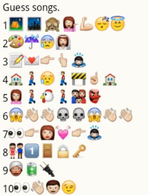 Guess the Hindi songs from WhatsApp emoticons and smileys puzzle with answers. Emoji Song Quiz With Answers, Slam Book Questions, Guess The Emoji Answers, Emoji Answers, Old Hindi Movie Songs, Catwoman Mask, Ladies Kitty Party Games, Guess The Emoji, Emoji Puzzle