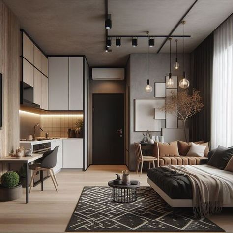 Kitchen In Studio Apartment, 31 Sqm Condo Interior Design, 23sqm Condo Interior Design, Open Studio Apartment Layout, 25 Sqm Condo Interior Design, Industrial Studio Apartment, Studio Type Condo, Studio Type Apartment, Loft Studio Apartment