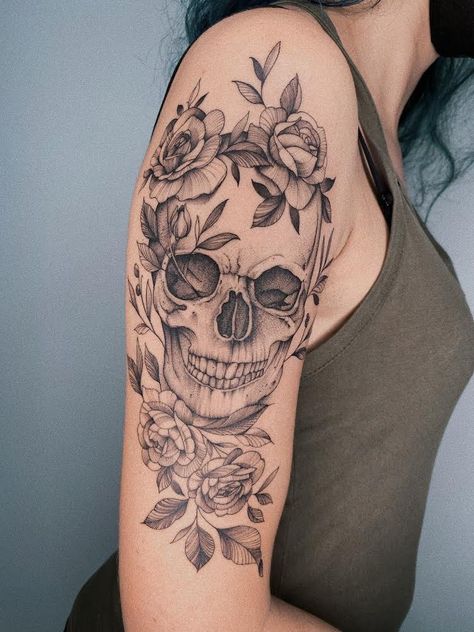 Skull Tattoos With Color, Skull Flower Arm Tattoo, Flowery Skull Tattoo, Hip Tattoos Women Skull And Flowers, Skull Upper Arm Tattoos For Women, Arm Skull Tattoos For Women, Soft Skull Tattoo, Shoulder Skull Tattoos For Women, Subtle Skull Tattoo