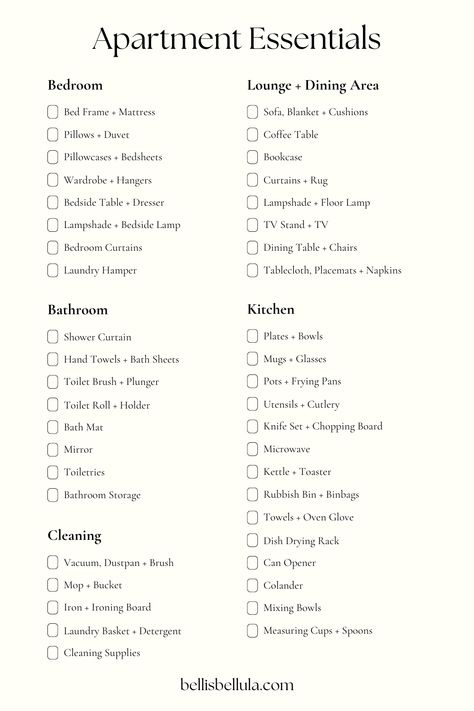 Studio Apartment Essentials List, First Flat Essentials, Things For House List, List For Apartment Essentials, First Apartment Checklist Minimalist, First Time Home Renter Tips, New Apartment Necessities, Basic Home Essentials List, Apartment Starter Checklist