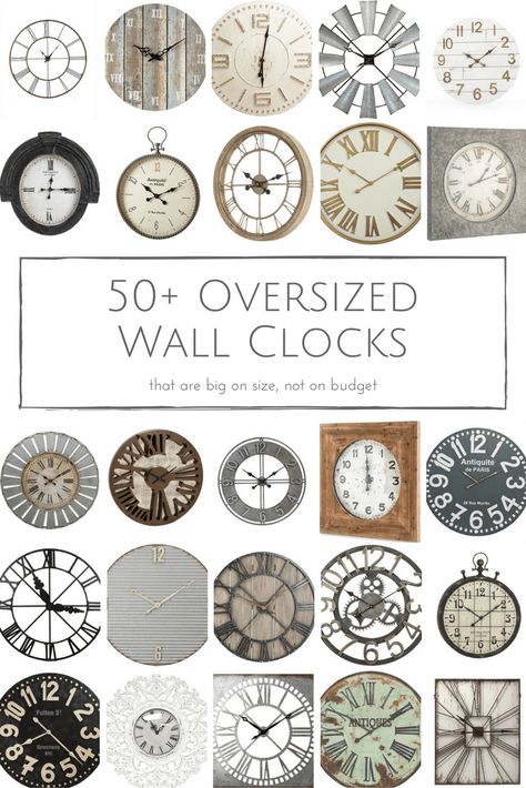 An oversized wall clock is an easy way to make a statement in any space! Here are 50  of my favourite rustic wall clocks that are big on size, but small on budget. Clock Decor Living Room, Oversized Wall Clocks, Oversized Clocks, Big Clocks, Big Wall Clocks, Rustic Wall Clock, Minimalist Clocks, Personalized Clocks, Farmhouse Wall Clock