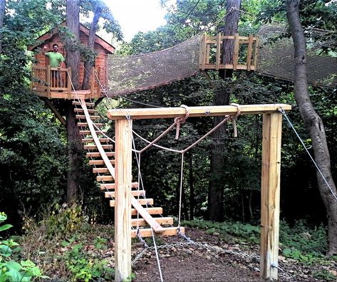 treehouse with zipline | ... tree house projects we've ever done. Included 3 bridges and a zipline Diy Zipline, Treehouse Diy, Treehouse Kids, Zip Line Backyard, Backyard Treehouse, Ninja Kids, Rope Bridge, Building A Treehouse, Tree House Plans