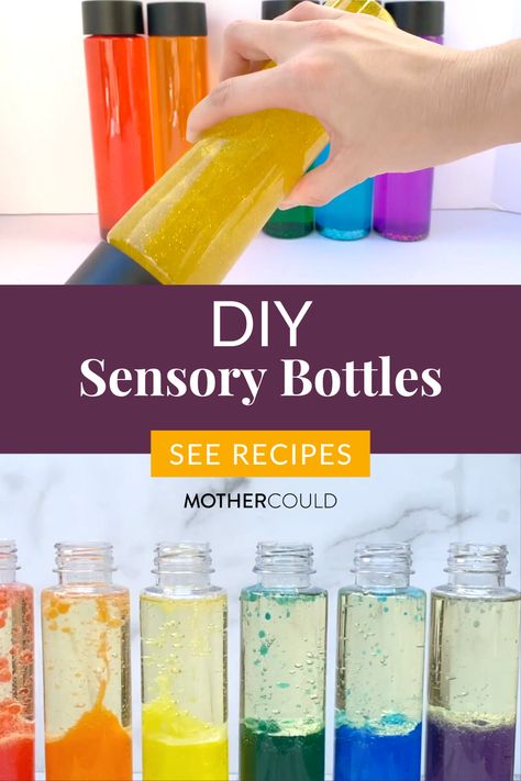 Sensory Bottles DIY | Calming Toys for Kids | MOTHERCOULD Colour Monster Sensory Bottles, Home Made Sensory Bottles, Make Sensory Toys, Glitter Bottles For Kids, Sensory Jars For Kids, Emotion Sensory Bottles, Calm Down Jars Diy, Color Sensory Bottles, Oil Water Sensory Bottle