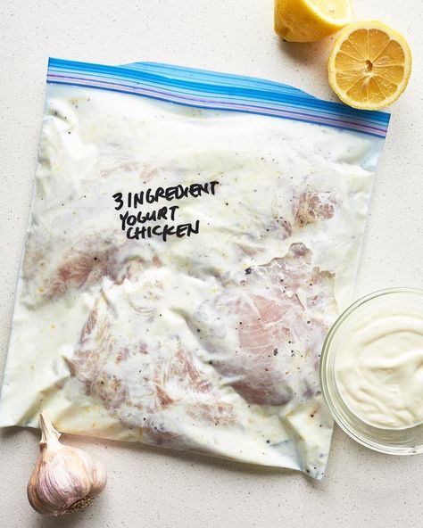 3-Ingredient Yogurt Marinated Chicken. Need recipes and ideas for marinades that are healthy? Use chicken breasts, thighs, or drumsticks. Can be prepared baked in ovens, grilled (either on kabobs or whole) or pan fried. Easy to make with garlic, lemon, and yogurt. Lamb Marinade, Greek Chicken Marinade, Yogurt Marinated Chicken, Yogurt Marinade, Pork Marinade, Yogurt Chicken, Easy Marinades, Marinade Recipes, Chicken Marinades