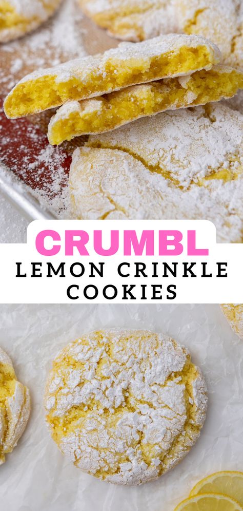 The Crumbl lemon crinkle cookies are made with lemon box cake with a few tweaks to recreate your favorite bakery style cookies at home. Cake Mix Crinkle Cookies, Lemon Crinkles, Crinkles Cookies, Cookies With Cake Mix, Recipe Using Lemons, Delicious Lemon Cake, Crumble Cookie Recipe, Batch Recipes, Crinkle Cookies Recipe