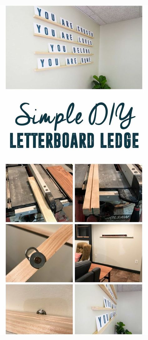 DIY Letterboard Ledge, How to Build a Letterboard Ledge, DIY Letter Board Ledge, Oversized Letterboard, How to Build a letterboard, DIY Letterboard Shelves Wall Letter Board, Diy Letterboard, Diy Letter Board, Easy Shelves, Basement Living, Modern Basement, Basement Living Rooms, Diy Wand, Diy Letters