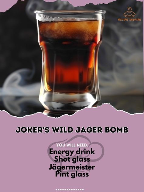 🎲 Take a chance with Joker's Wild Jager Bomb! 🎲🍺 #PartyStarter #JagerBomb Joker's Wild Jager Bomb Ingredients: Jägermeister (1 oz) Energy drink (1/2 can) Shot glass Pint glass Instructions: Fill the pint glass halfway with the energy drink. Pour Jägermeister into a shot glass. Drop the shot glass into the pint glass and drink immediately. Enjoy the wild and energetic flavors of this classic party favorite! 🎲🍺 #JagerBomb #PartyCocktail Jager Bomb, Jokers Wild, Party Starters, Yummy Alcoholic Drinks, Energy Drinks, Mixed Drinks, Pint Glass, Shot Glass, Alcoholic Drinks