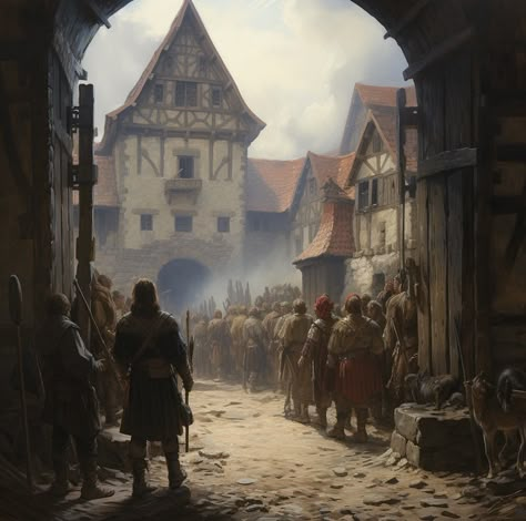 Crowded Fantasy City, City Gates Fantasy Concept Art, Medieval Fantasy City Art, Medieval Slums, Medieval Town Art, Medieval Keep, Medieval Gate, Medieval Cities, Fantasy Story Ideas