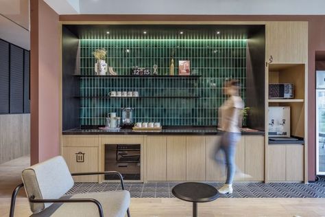 Office Coffee Bar, Office Canteen, Commercial Office Design, Office Pantry, Glass Curtain Wall, Coworking Office, Tile Wood, Office Plan, Recessed Downlight