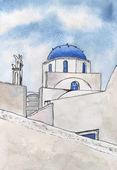 Colourful Island summer destination. Painting of Santorini for your next travel destination. This Watercolour painting can be given as a birthday present or Christmas gift to your best friend, relative, boyfriend or girlfriend who also loves travelling. Perfect gift for planning your next holiday. Easy Architecture Sketch, Greece Painting, Architecture Drawing Sketchbooks, Sketch Watercolor, Greece Art, Watercolor Architecture, Architecture Drawing Art, Watercolor Paintings Easy, 수채화 그림