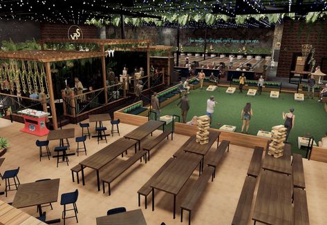 30,000-square-foot “eatertainment” venue Your 3rd Spot to open at the Works - Atlanta Magazine Outdoor Sports Bar Ideas, Chess Cafe, Fall Restaurant, Taproom Ideas, Event Buffet, Park Layout, Sports Pub, Arcade Bar, Hostels Design