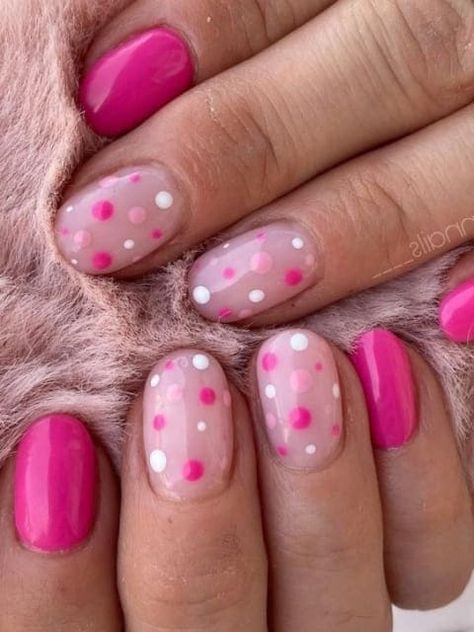 Pink Gel Nails Designs, Nail Nail Designs, Korean Trends, Magenta Nails, Short Pink Nails, Acrylic Nails Ideas, Summer Nails Art, Nail Art Inspo, Dot Nail Designs