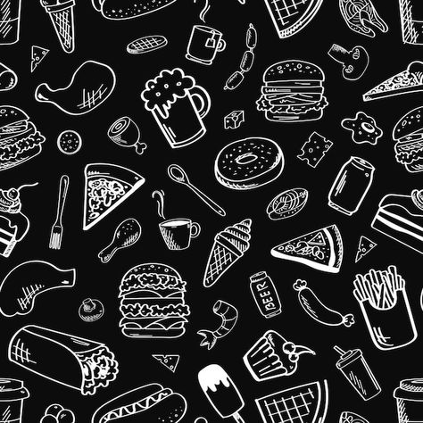 Vector food seamless pattern in black an... | Premium Vector #Freepik #vector #burger-sketch #burger-fast-food #hamburger #burger Burger Vector, Black Burger, Menu Card Design, Pizza Art, Food Doodles, Pizza Burgers, Food Banner, Food Cartoon, Food Illustration Art