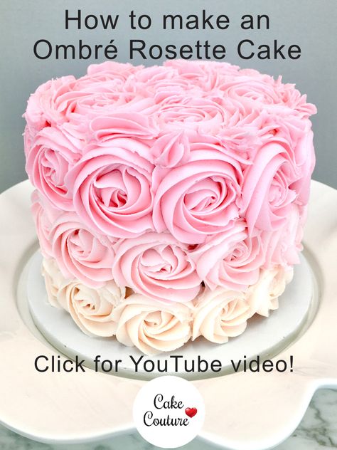 Cakes With Pink Frosting, Pink And White Rosette Cake, Floral Piped Cake, How To Make A Rosette Cake, Roses On Cakes Buttercream, Pink Rossete Cake, Pink Ombre Rosette Cake, Rosette Cupcakes With Sprinkles, How To Make Rosettes On A Cake